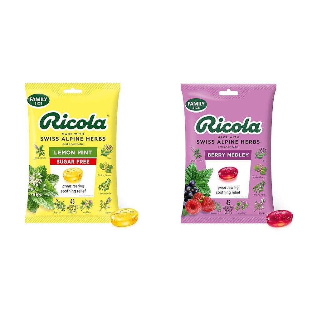 Ricola Sugar Free Lemon Mint 45 Count & Ricola Berry Medley 45 Count Throat Drops Bundle