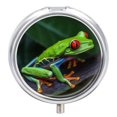 Pill Box 3 Compartment Round Pill Organizer Small Pill Case for Travel Red Eyed Tree Frog Daily Metal Pill Container Portable Medicine Organizer for Vitamins Supplement Purse Pocket
