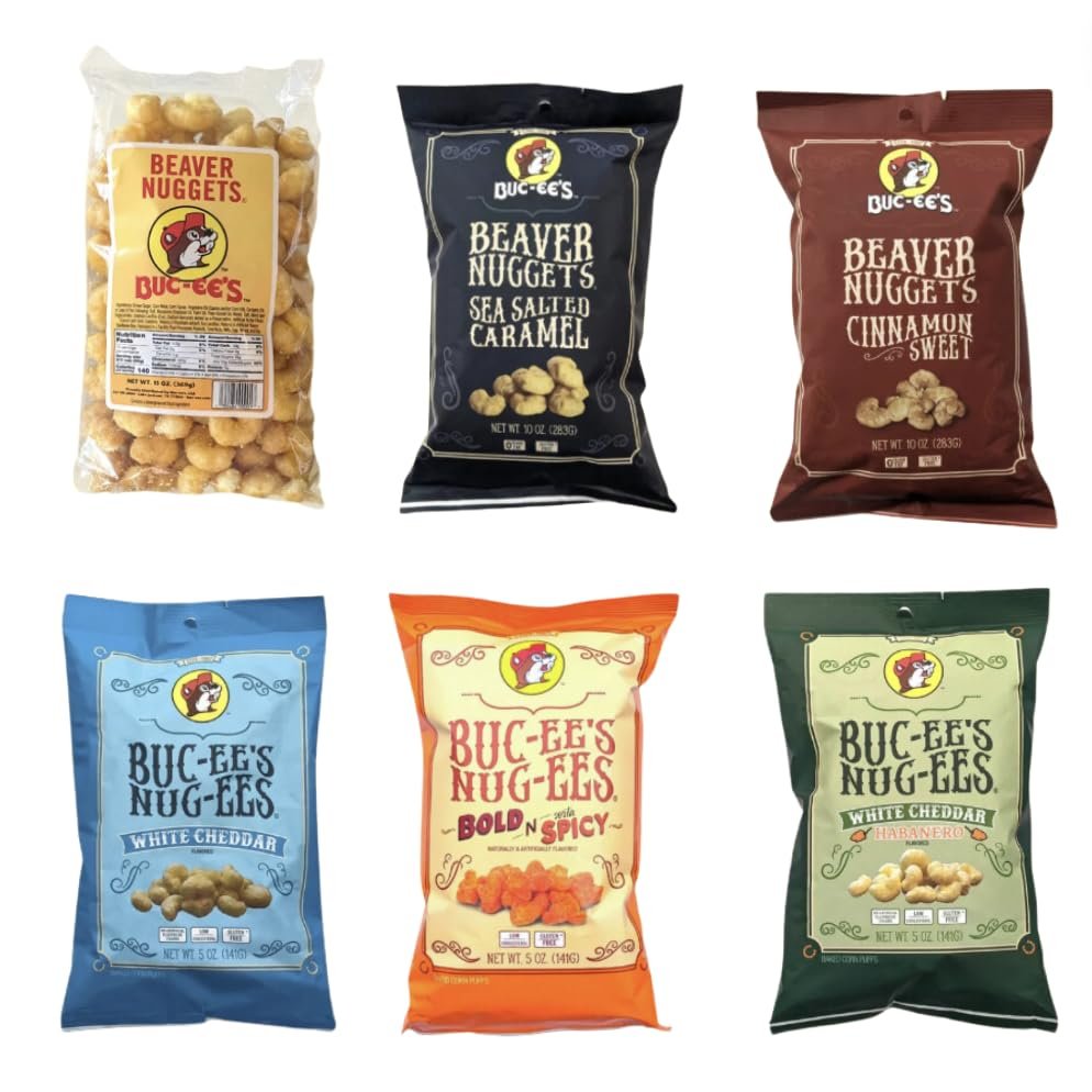 Buc-ee's Beaver Nuggets Snack Box | Beaver Nuggets Bucees | Beaver Nuggets Sampler | Bucees Snack Box, Snack Bundle | Beaver Nuggets and Nug-ees | Sea Salted Caramel, Cinnamon Sweet, White Cheddar, Bold 'N Sorta Spicy, White Cheddar Habanero | Sweet 