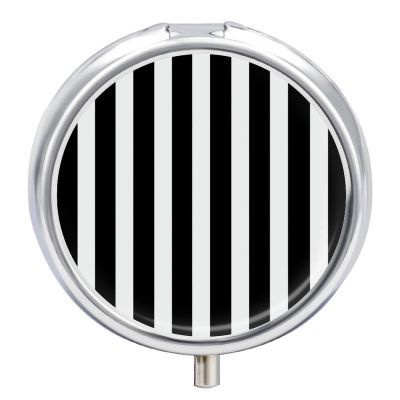 YJWANDO Round Pill Box Black & White Stripe Print 3 Compartment Medicine Pill Case Print Pill Organizer Decorative Metal Portable Pill Box Pocket Pill Box, Style