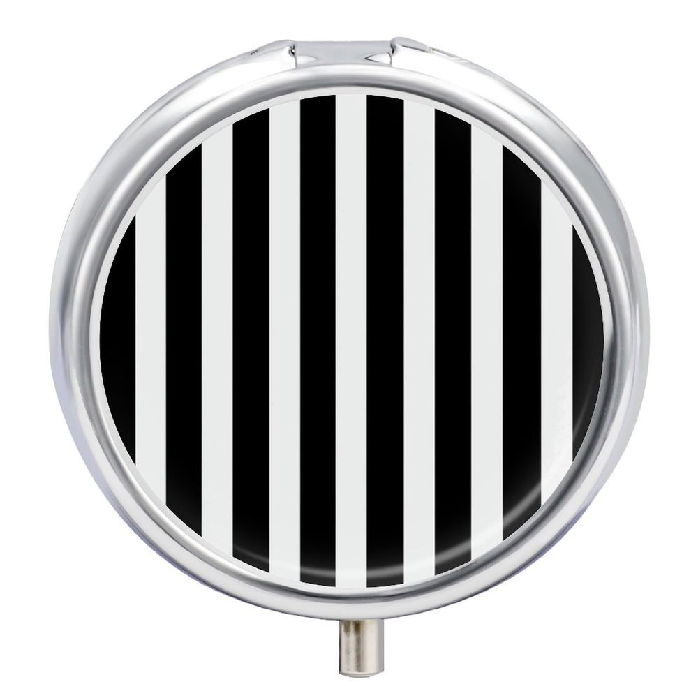 YJWANDO Round Pill Box Black & White Stripe Print 3 Compartment Medicine Pill Case Print Pill Organizer Decorative Metal Portable Pill Box Pocket Pill Box, Style