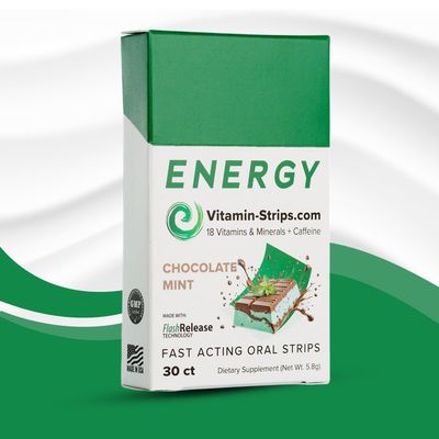 Peak Performance Energy Strips  Vegan, Gluten Free, Soy Free & Sugar-Free Breath Strips w/Caffeine, 18 Vitamins & Minerals  Instant Energy Boost Chocolate Mint Dietary Supplement  30 Oral Strips