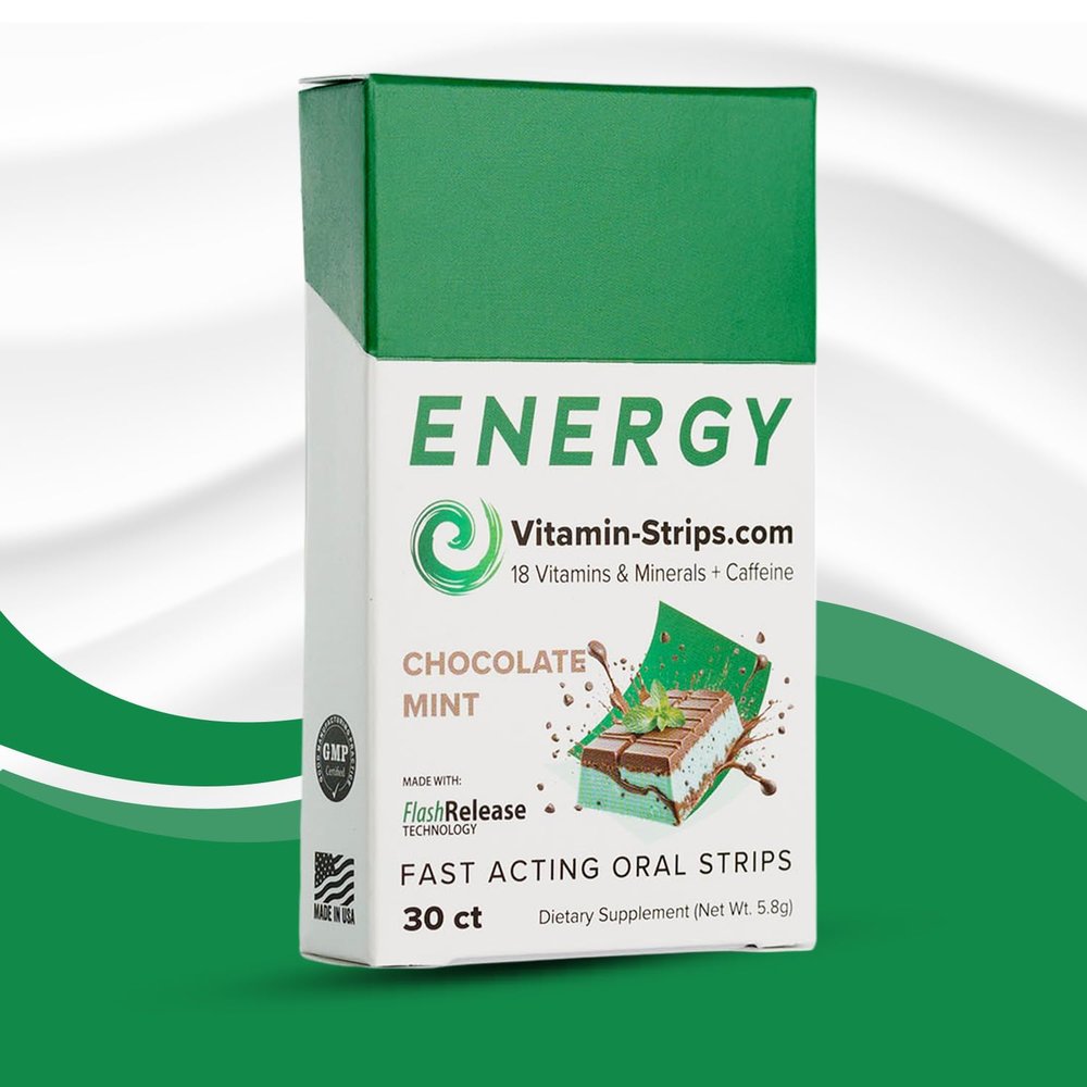 Peak Performance Energy Strips  Vegan, Gluten Free, Soy Free & Sugar-Free Breath Strips w/Caffeine, 18 Vitamins & Minerals  Instant Energy Boost Chocolate Mint Dietary Supplement  30 Oral Strips