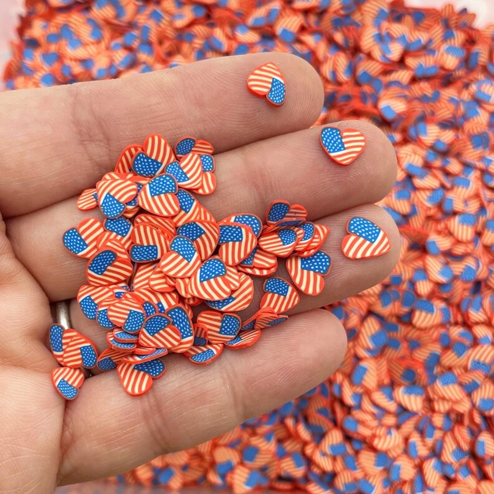 15 gram Patriotic Heart Polymer Clay 5mm Slices, American Flag Heart Polymer Clay Sprinkle, Heart Sprinkles, American Flag Heart Slime, Nail Art Faux Craft