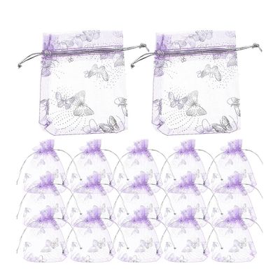 LOGOFUN 50Pcs Organza Bags Butterfly Printed Organza Jewelry Candy Bags Small Mesh Party Favor Bags with Drawstring for Wedding Birthday Party Supplies - Purple & Silver