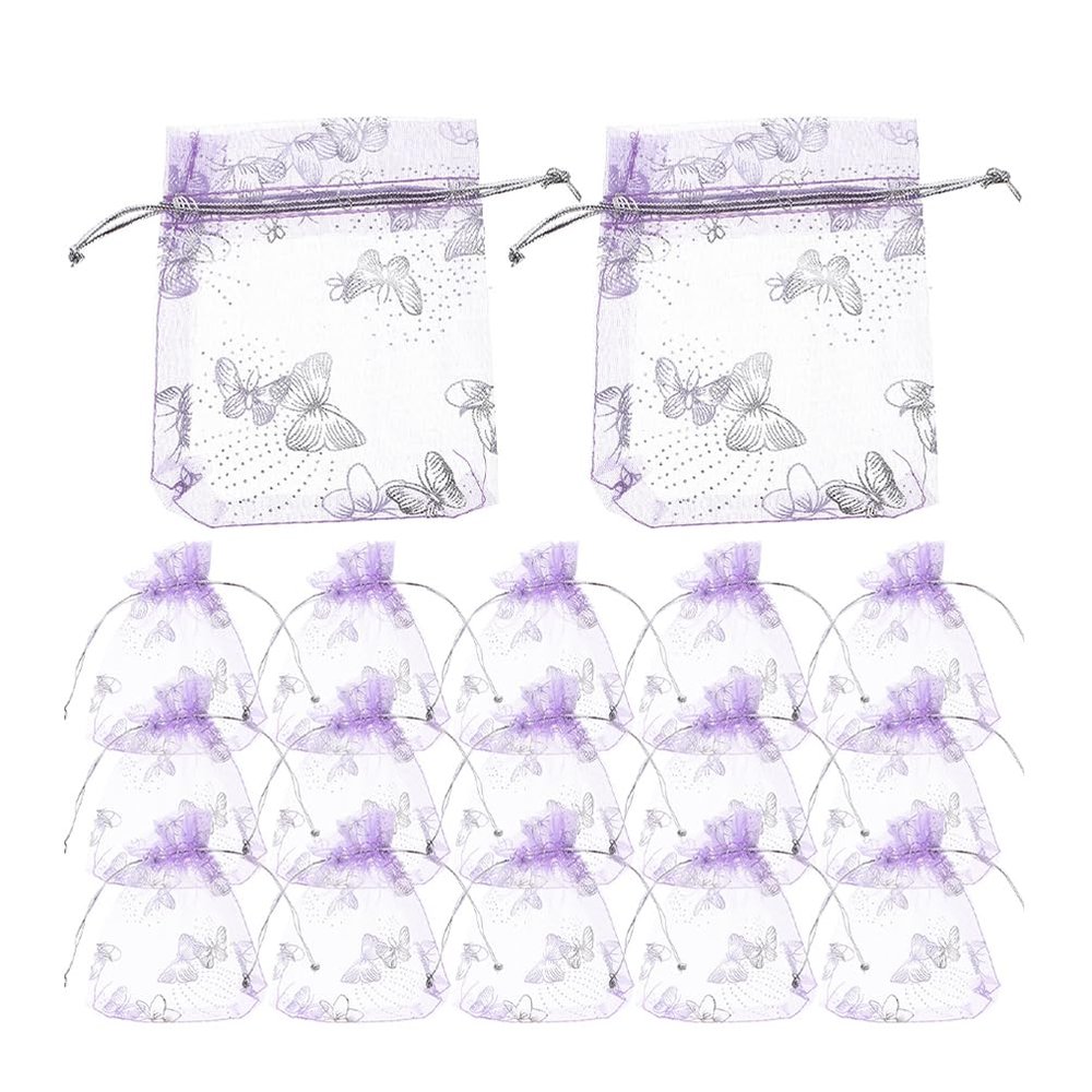 LOGOFUN 50Pcs Organza Bags Butterfly Printed Organza Jewelry Candy Bags Small Mesh Party Favor Bags with Drawstring for Wedding Birthday Party Supplies - Purple & Silver