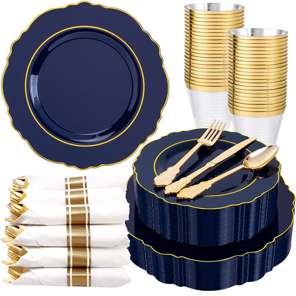 Liacere 350PCS Navy Blue Plastic Plates-Disposable Blue Gold Plates 50guest Plastic Dinnerware include 100Plates,50Pack Pre Rolled Napkins with Silverware 50Cups for Martin Luther King Jr