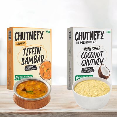 Chutnefy Coconut Chutney & Tiffin Sambar | Pack of 2 * 2.6oz (Dry) | Serves 4 - 5 Each | Ready to Eat Instant Chutney - Just Add Water | No Artificial Stuff | Zero Artificial Ingredients