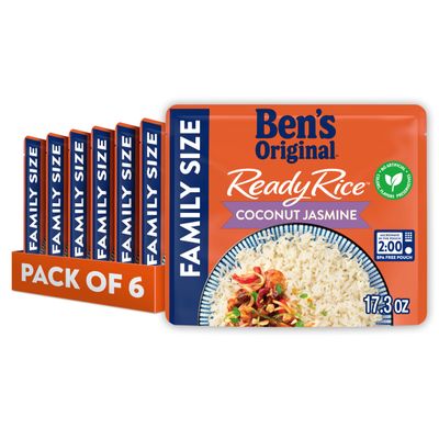 BEN'S ORIGINAL READY RICE Coconut Jasmine Family Size Rice, Easy Dinner Side, 17.3 oz Pouch (Pack of 6)