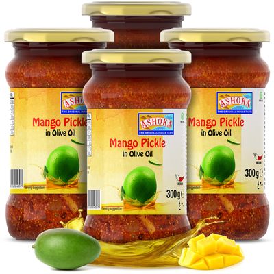 Ashoka Mango Pickle | Traditional Indian Pickle | Premiun Olive Oil | All Natural | Indian Pickle Jar | Medium Spiced | Great for Seasoning | Vegan | Kosher Certified | 300 Grams (Pack of 4)
