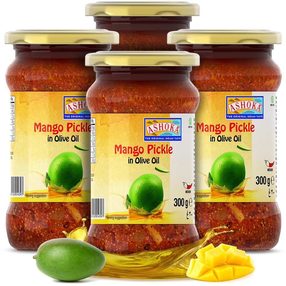Ashoka Mango Pickle | Traditional Indian Pickle | Premiun Olive Oil | All Natural | Indian Pickle Jar | Medium Spiced | Great for Seasoning | Vegan | Kosher Certified | 300 Grams (Pack of 4)