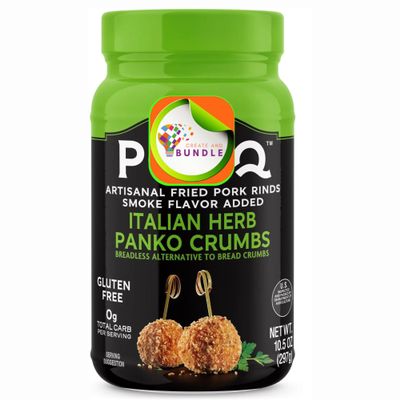 PORQ Italian Herb Pork Rind Panko Crumbs, Gluten Free, 10.5 oz Canister, 21 Servings + CreateAndBundle Sticker