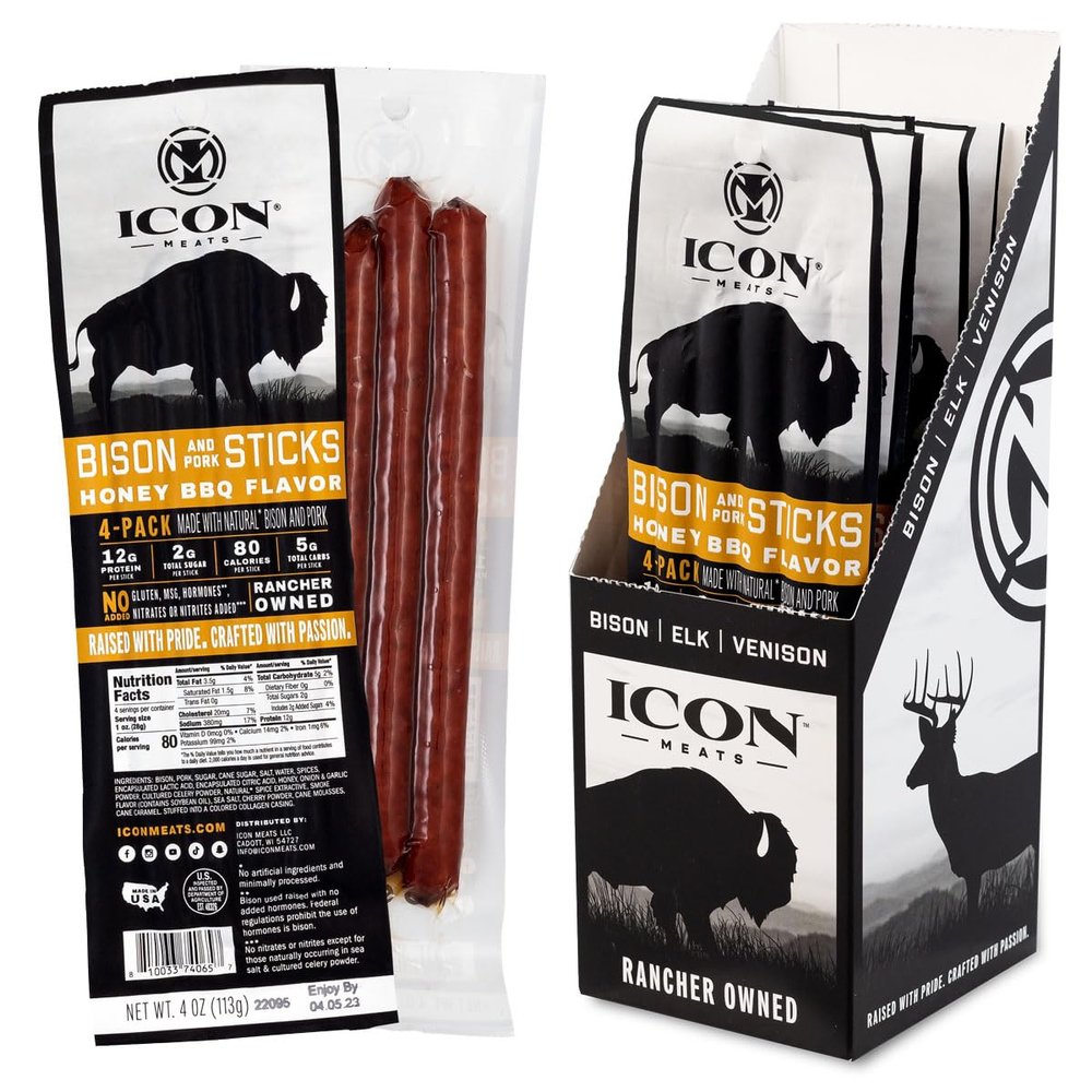 ICON Meats Bison and Pork Snack Sticks, Honey BBQ, 6 Pack High Protein Snacks, 4 Meat Sticks per Pack, Low Sugar, Gluten Free, Natural, USDA Inspected, Made in the USA, Valentines Day Gifts for Him