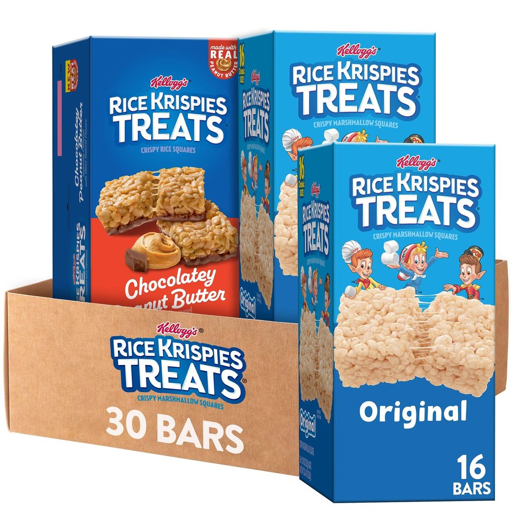 Rice Krispies Treats Crispy Rice and Marshmallow Squares, Kids Snack Box, Cereal Bars, Variety Pack (30 Bars)