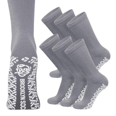 6 Pairs of Non-Skid Diabetic Crew Socks, Non Binding Top Therapeutic Cotton Gripper Socks (Grey, Size: 13-16)