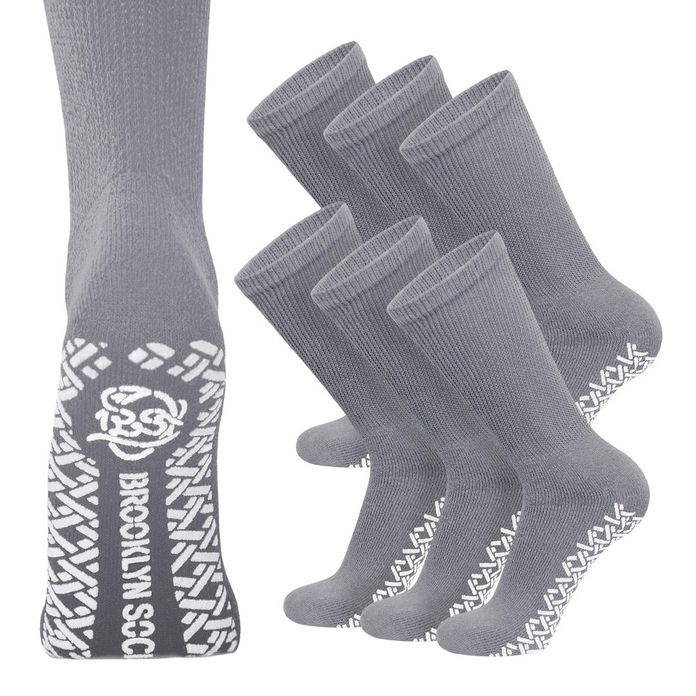 6 Pairs of Non-Skid Diabetic Crew Socks, Non Binding Top Therapeutic Cotton Gripper Socks (Grey, Size: 13-16)