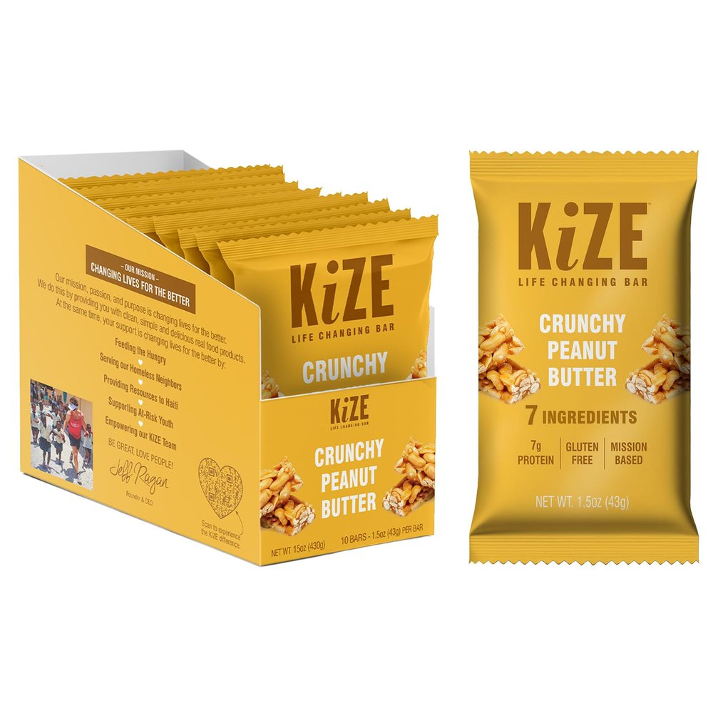 KiZE Energy Bars - Crunchy Peanut Butter - Gluten Free, Dairy Free, Non-GMO, and High Protein Meal Replacement Energy Bars, Clean and Simple Food Ingredients - 7g High Protein Snacks, (10 Count)