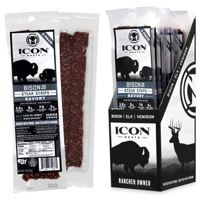 ICON Meats Bison and Beef Jerky Steak Strips, Savory Flavor, 8 High Protein Snacks Packs, 2 Strips per Pack, Low Sugar, Gluten Free, Natural, USDA Inspected, Made in the USA, Valentines Day Gifts for Him