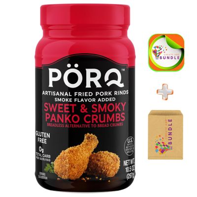 PORQ Sweet & Smoky Pork Rind Panko Crumbs, Gluten-Free, Keto Friendly, 10.5 oz Canister, 21 Servings, Perfect for Keto Diet & Celiac Sufferers, Low Carb Bread Crumbs Pack of One + CreateAndBundle Sticker