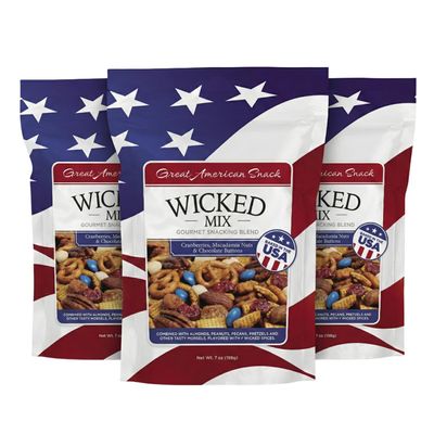 Wicked Mix Snack Mix with Mixed Nuts, Sweet & Salty Snacks Trail Mix with Almonds, Cashews, Pretzels, Pecans, Cranberry, Macadamia & Chocolates, Zero Trans Fat, Resealable Bag (Summer Edition, 3 Pack)