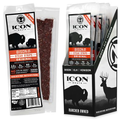 ICON Meats Bison and Beef Jerky Steak Strips, Original, 8 High Protein Snack Packs, 2 Strips per Pack, Low Sugar, Gluten Free, Natural, USDA Inspected, Made in the USA, Valentines Day Gifts for Him
