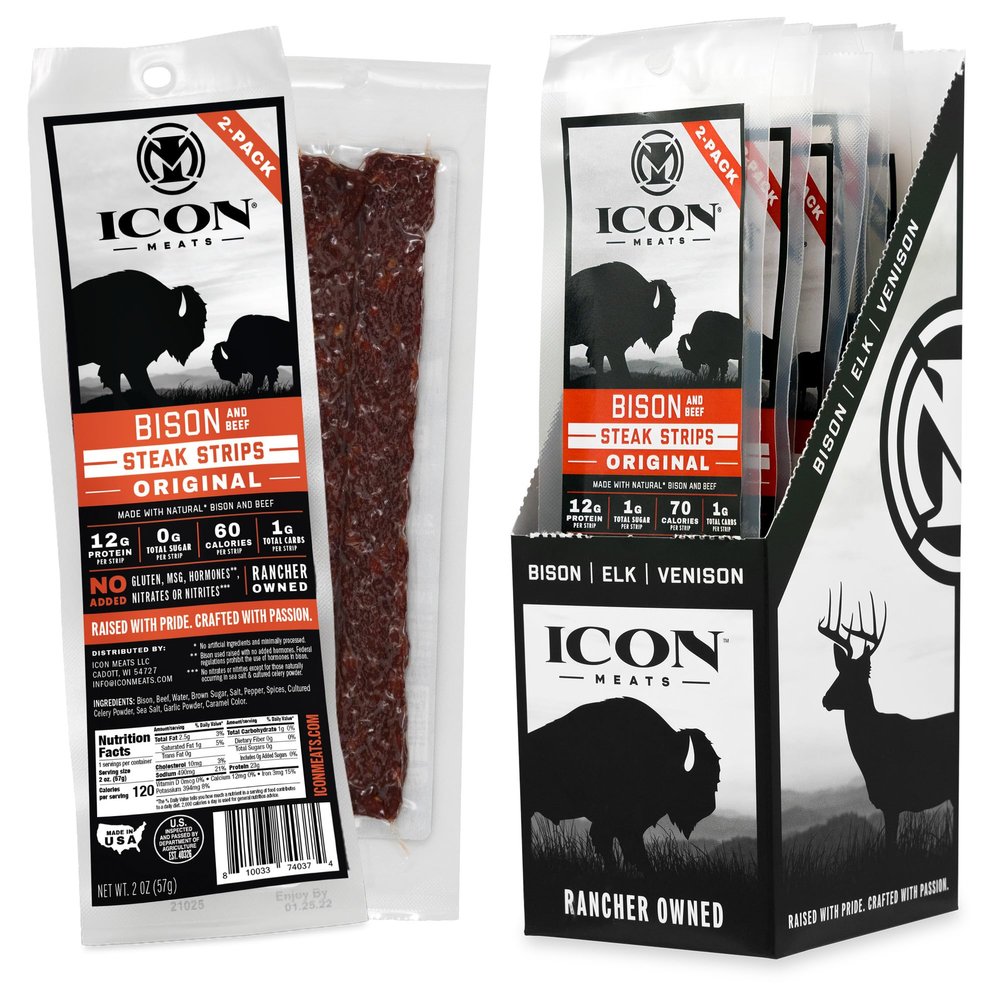 ICON Meats Bison and Beef Jerky Steak Strips, Original, 8 High Protein Snack Packs, 2 Strips per Pack, Low Sugar, Gluten Free, Natural, USDA Inspected, Made in the USA, Valentines Day Gifts for Him
