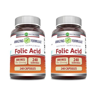 Amazing Formulas Folic Acid | 800 Mcg | 240 Capsules | Vitamin B9 Supplement | Non-GMO | Gluten Free | Made in USA (2 Pack)
