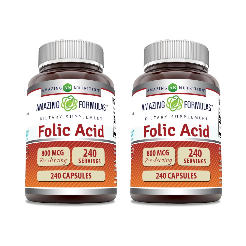 Amazing Formulas Folic Acid | 800 Mcg | 240 Capsules | Vitamin B9 Supplement | Non-GMO | Gluten Free | Made in USA (2 Pack)