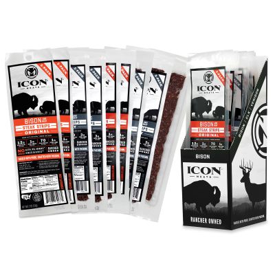 ICON Meats Steak Strips Sampler Gift Box, 8 High Protein Snacks, Assorted Bison, Elk, Venison, Beef Jerky Strips, 2 Sticks per Pack, Natural, Gluten Free, Low Sugar, Valentines Day Gifts for Him