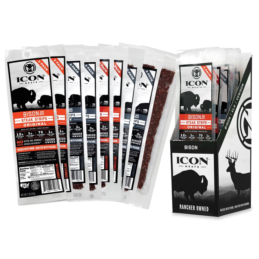 ICON Meats Steak Strips Sampler Gift Box, 8 High Protein Snacks, Assorted Bison, Elk, Venison, Beef Jerky Strips, 2 Sticks per Pack, Natural, Gluten Free, Low Sugar, Valentines Day Gifts for Him