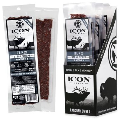 ICON Meats Elk and Beef Jerky Steak Strips, Savory Flavor, 8 High Protein Snacks Packs, 2 Strips per Pack, Low Sugar, Gluten Free, Natural, USDA Inspected, Made in the USA, Valentines Day Gifts for Him