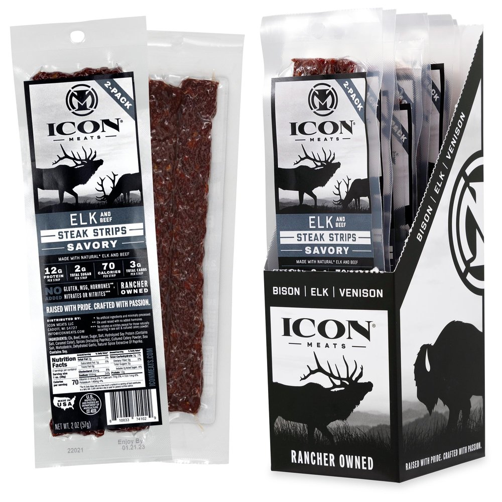 ICON Meats Elk and Beef Jerky Steak Strips, Savory Flavor, 8 High Protein Snacks Packs, 2 Strips per Pack, Low Sugar, Gluten Free, Natural, USDA Inspected, Made in the USA, Valentines Day Gifts for Him