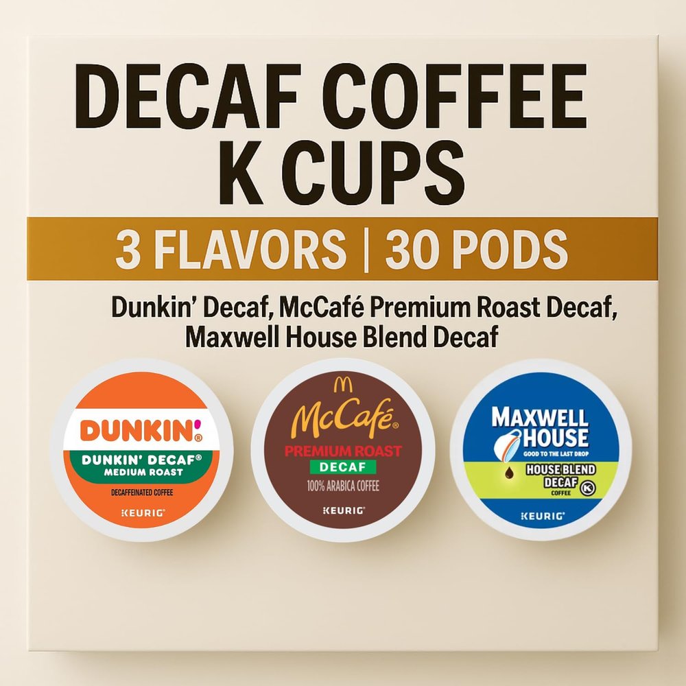 30-Pack Decaf Coffee K-Pods Variety: Dunkin, McDonalds Premium Roast, Maxwell-House Decaf Blends, Keurig-Compatible, Includes Coffee Recipe eBook