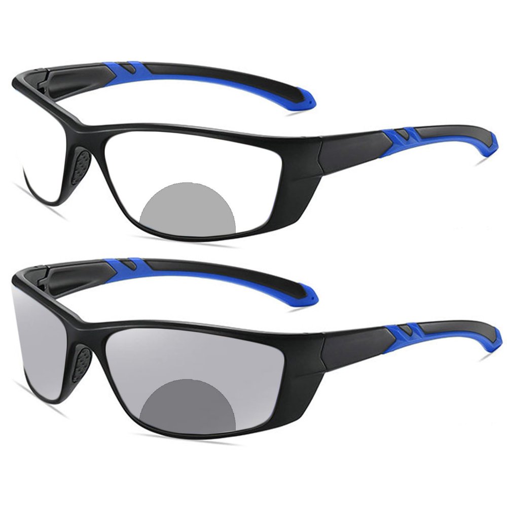 willochra Sports Transition Photochromic Bifocal Reading Glasses for Men Wrap Around Design Safety Glasses with Readers sunglasses (black blue, 2, x)