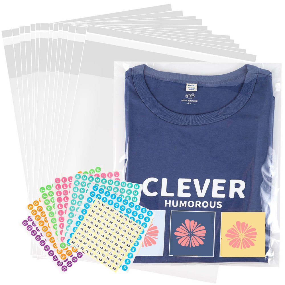 SOMIOCO 100pcs 9"x12" Clear Plastic Bags Self Sealing,Thick Clear Plastic Cellophane T-shirt Packaging Bags with Clothing Size Stickers for Packaging Clothes, T-Shirts, Pants