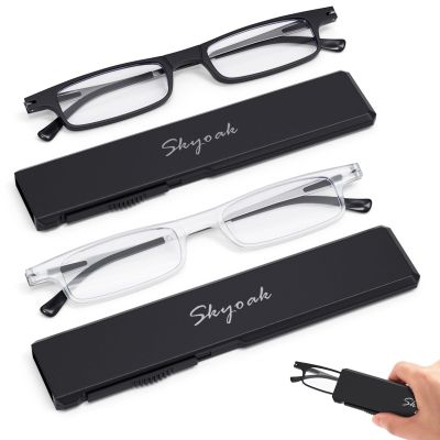 2 Pack Ultra thin Lightweight Folding Reading Glasses Women Men TR90 Blue Light Blocking Anti UV/Eyestrain Foldable Compact Computer Readers Portable Unique Stretchable Slim Flat Case Black/Clear +2.0