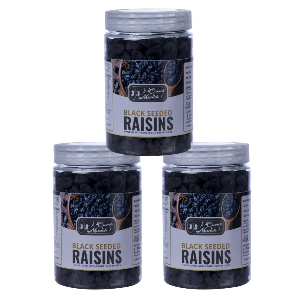 Natural Afghan Black Dried Fresh Raisins Seeded, Premium Quality, ready to eat Black seeded Raisin (Pack Of 3 (750 Gram))