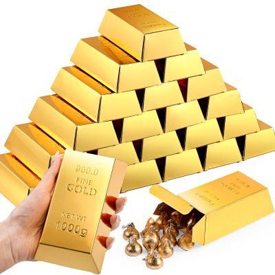 Honoson 24 Pcs Gold Bar Fake Gift Box Foil Gold Bar Party Favor Boxes Paper Golden Favor Boxes Treasure Brick for Pirate Casino Theme Party Decorations Candy Chocolate Box 5.5 x 3.2 Inches