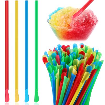 Eaasty 500 Pcs Snow Cone Spoon Straws, Flexible Plastic Flexible Disposable Drinking Straws, Disposable Plastic Sip Stir Sticks (Blue,Green,Yellow,Red)