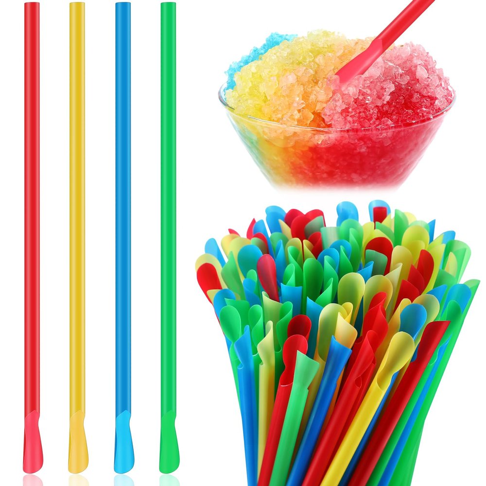 Eaasty 500 Pcs Snow Cone Spoon Straws, Flexible Plastic Flexible Disposable Drinking Straws, Disposable Plastic Sip Stir Sticks (Blue,Green,Yellow,Red)