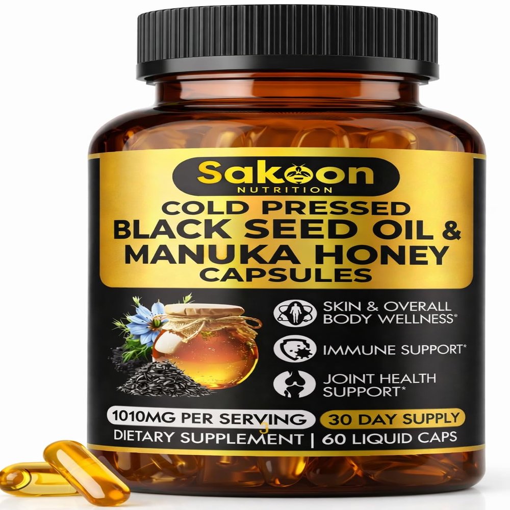 Black Seed Oil Capsules - With New Zealand Manuka Honey, Cold Pressed Turkish Nigella Sativa Oil, 2% Thymoquinone, Immune & Digestive Support, Made in USA, 60 Count, 1010mg per serving