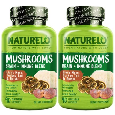 NATURELO Mushroom Supplement Brain & Immune Health Blend with Lions Mane, Reishi, Turkey Tail 90 Vegan Friendly Capsules (Pack of 2)