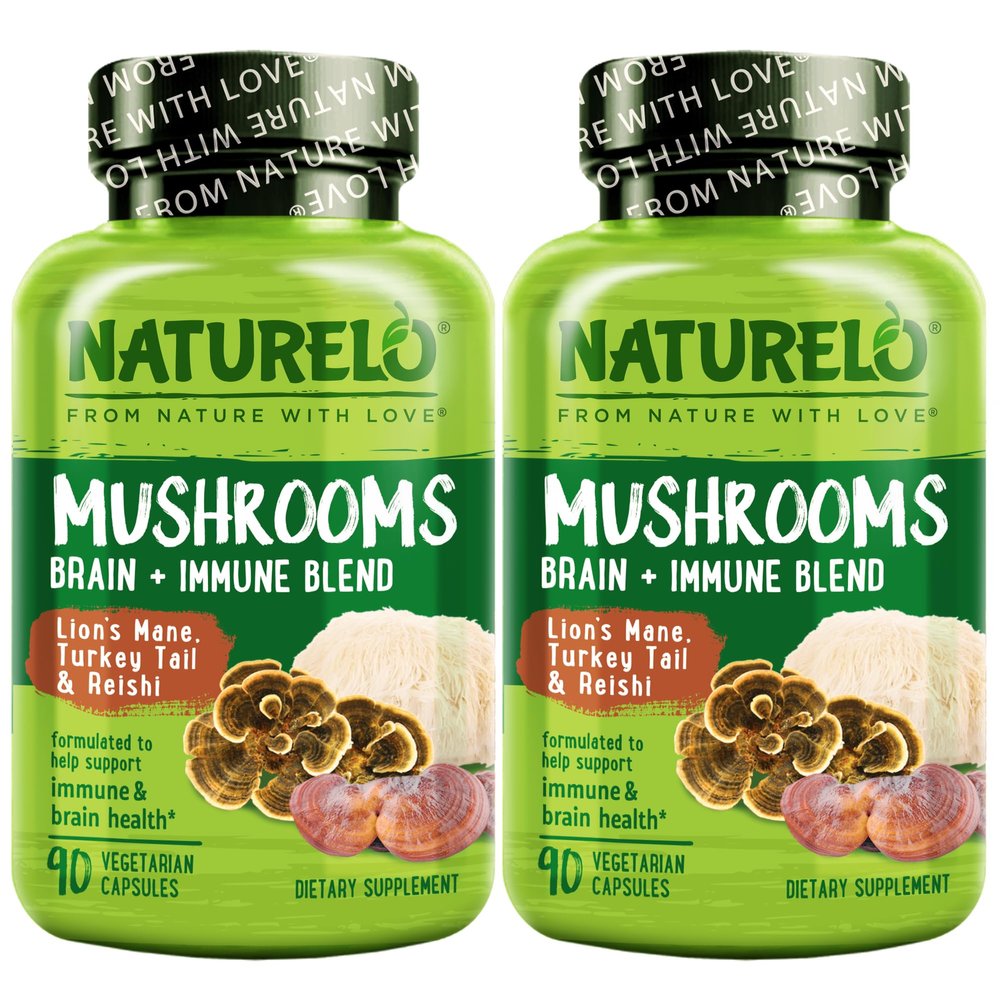 NATURELO Mushroom Supplement  Brain & Immune Health Blend with Lions Mane, Reishi, Turkey Tail  90 Vegan Friendly Capsules (Pack of 2)