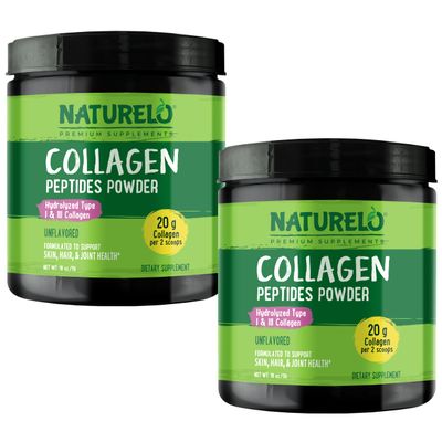 NATURELO Collagen Peptide Powder, Hydrolyzed Collagen Type I & III, Skin Hair & Joint Health - Unflavored, 16 Ounces (Pack of 2) | 90 Servings