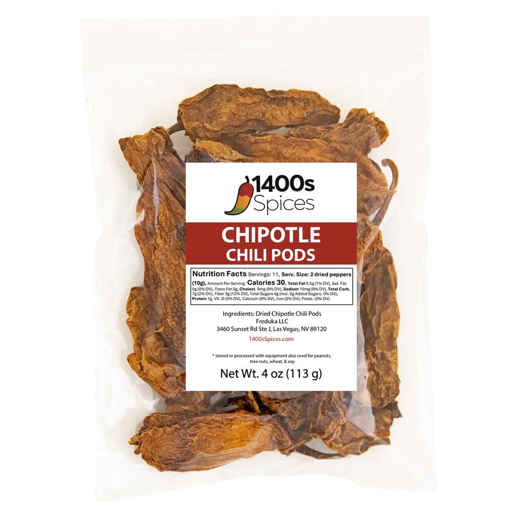 4oz Chipotle Meco Dried Whole Peppers, Chile Seco Pods by 1400s Spices
