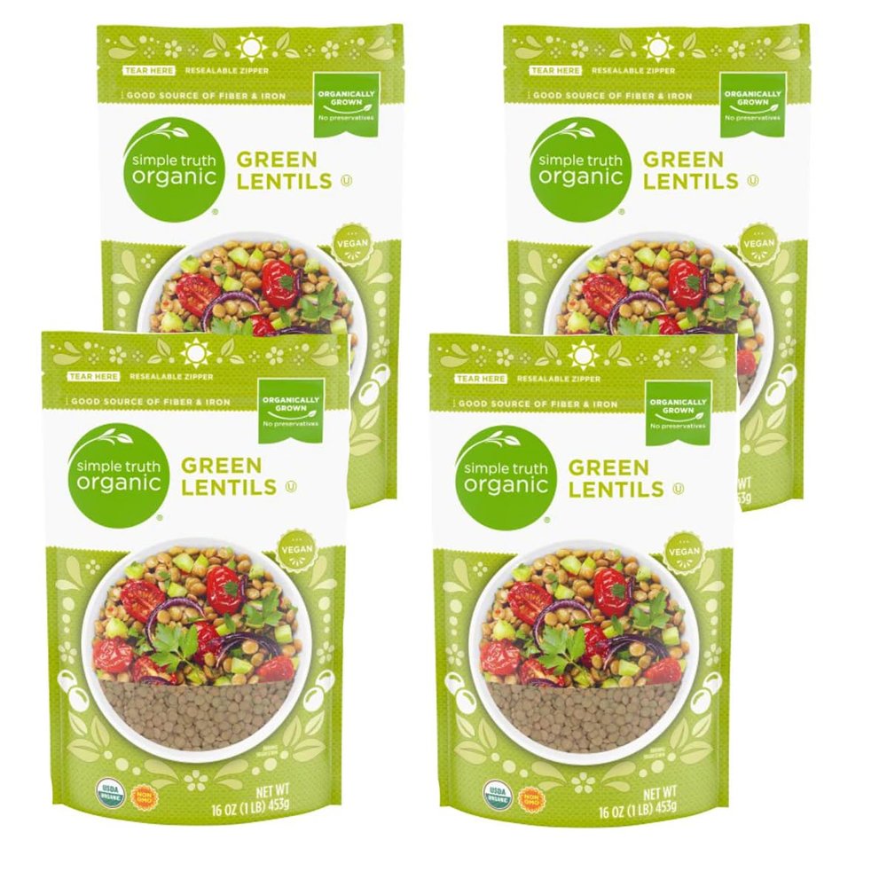 NineLife Basics Simple Truth Organic Green Lentils Non-GMO 16 oz, (Pack of 4)