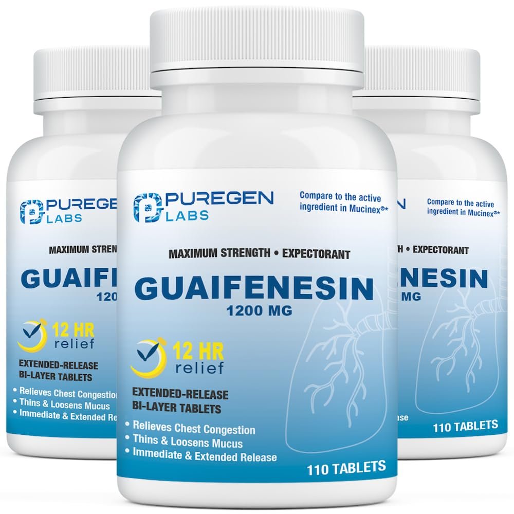 Puregen Labs Mucus Relief 12 Hour Extended Release Guaifenesin 1200mg Maximum Strength | Total 330 Tablets | Relief from Cough, Cold, Nasal & Chest Congestion | Expectorant | Extended Release