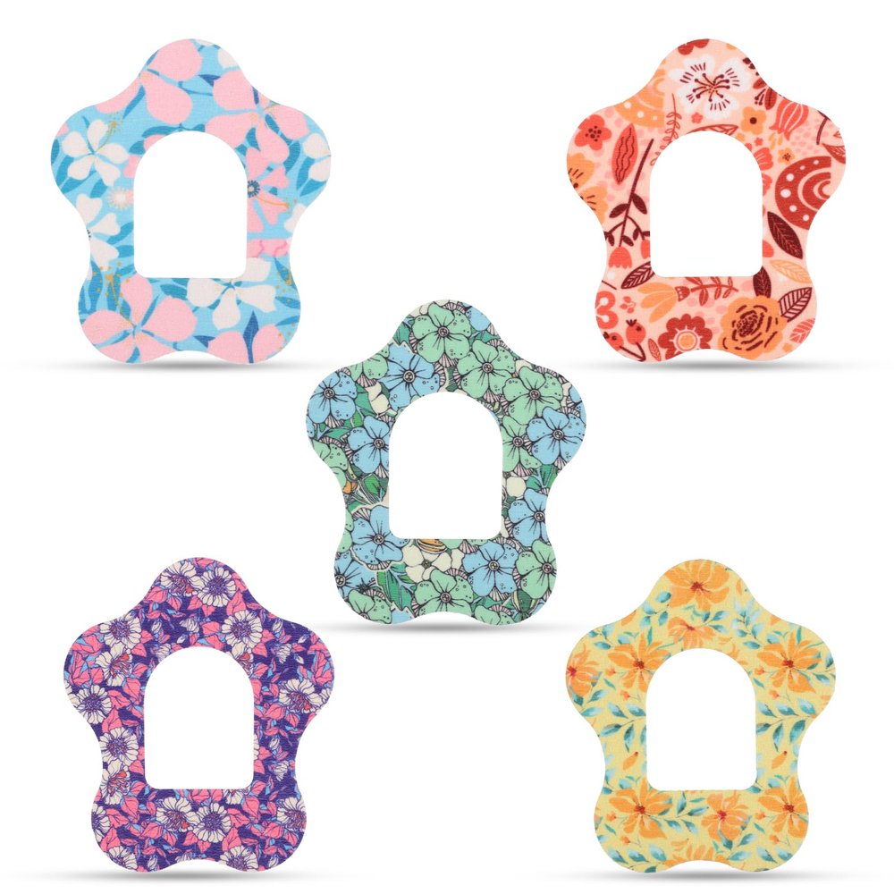 25pcs Adhesive Patches for Omnipod, Waterproof Sensor Covers Sweatproof Flower Print Sensor Stickers Adhesive Tape Compatible with Omnipod 5 Overpatch Protection (5 Styles)
