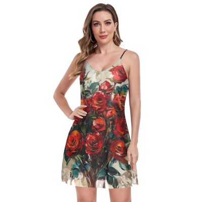ALAZA Red Rose Flower Bouquet Spreads Leaves Mesh Halter Dress