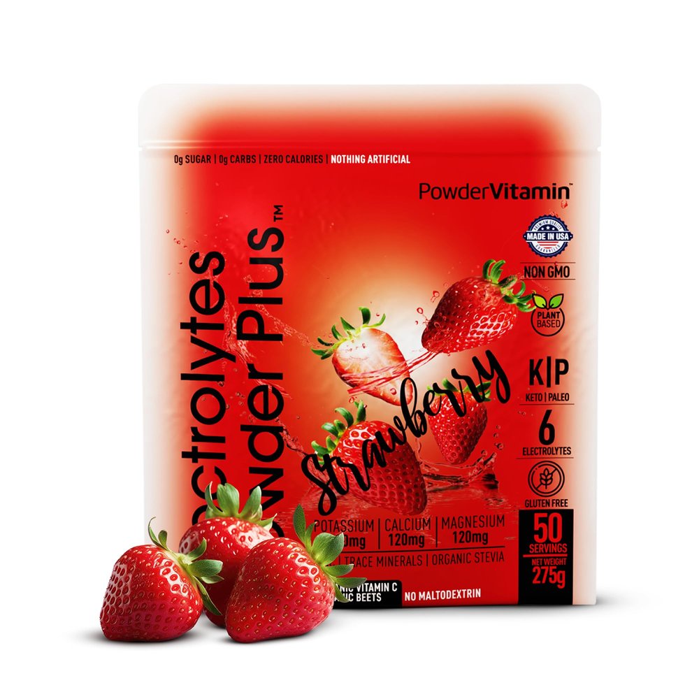 PowderVitamin Electrolytes Powder Plus Keto, Strawberry (50 Servings) 0 Sugar, No Maltodextrin,1000mg Potassium,120mg Calcium,120mg Magnesium,Organic Vitamin C,Zero Calories, Energy Hydration Powder